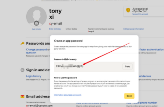 Yandex Mail生成密码怎么添加到客户端